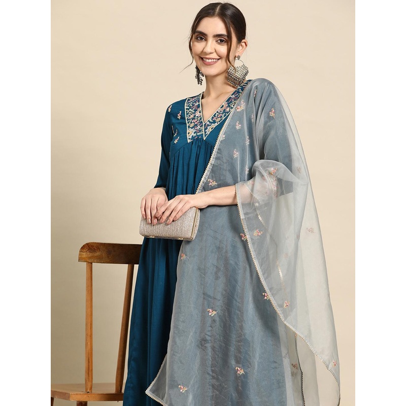 Sangria Alia Cut Floral Embroidered Empire Thread Work Kurta With Palazzos & Dupatta