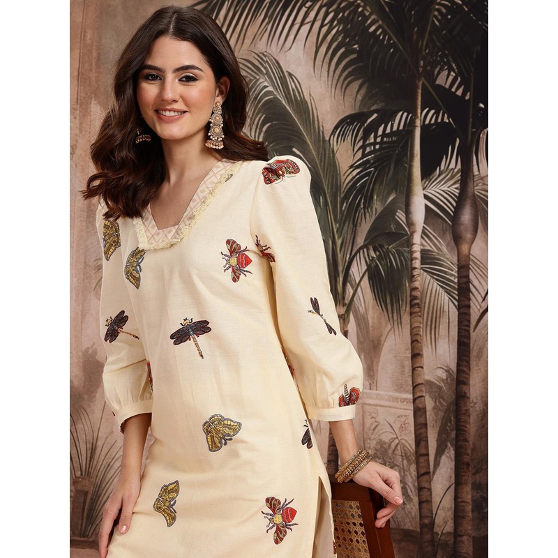 Sangria Conversational Print Ruffled Detail Pure Cotton Straight Kurta with Trousers