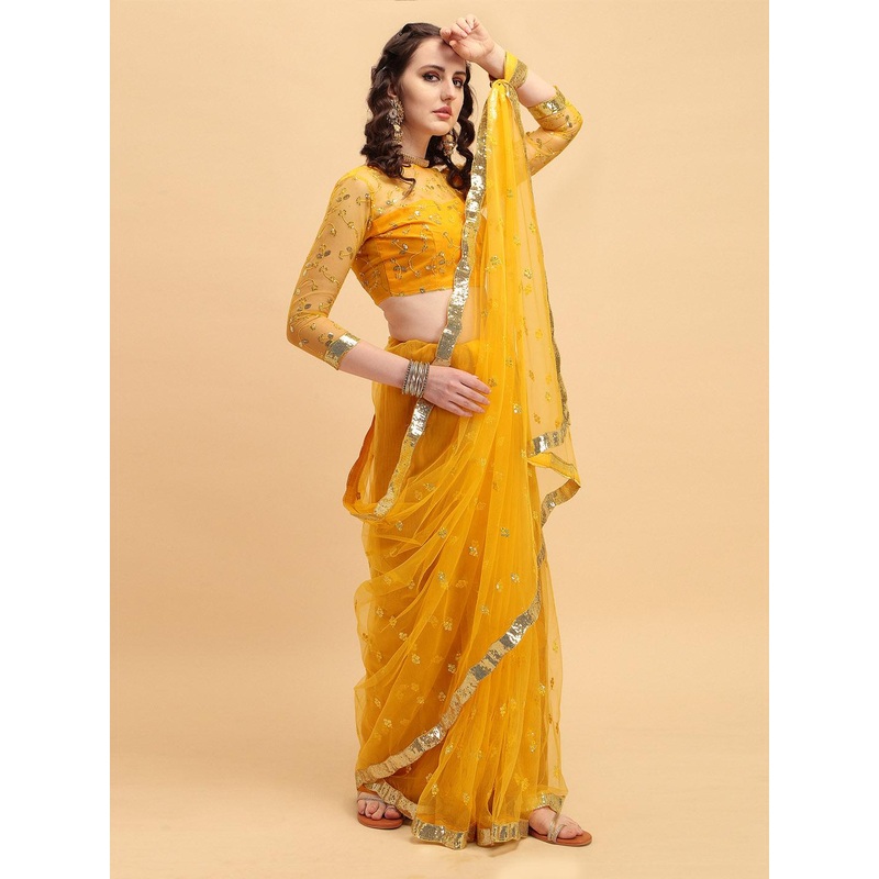 Sangria Yellow & Gold-Toned Embellished Sequinned Supernet Saree
