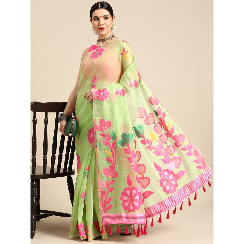 Silk Land Floral Phulkari Cotton Jamdani Saree