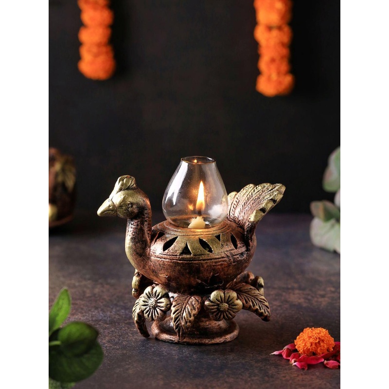 The handicraftian Bronze-Coloured Peacock Akand DesignedDiya