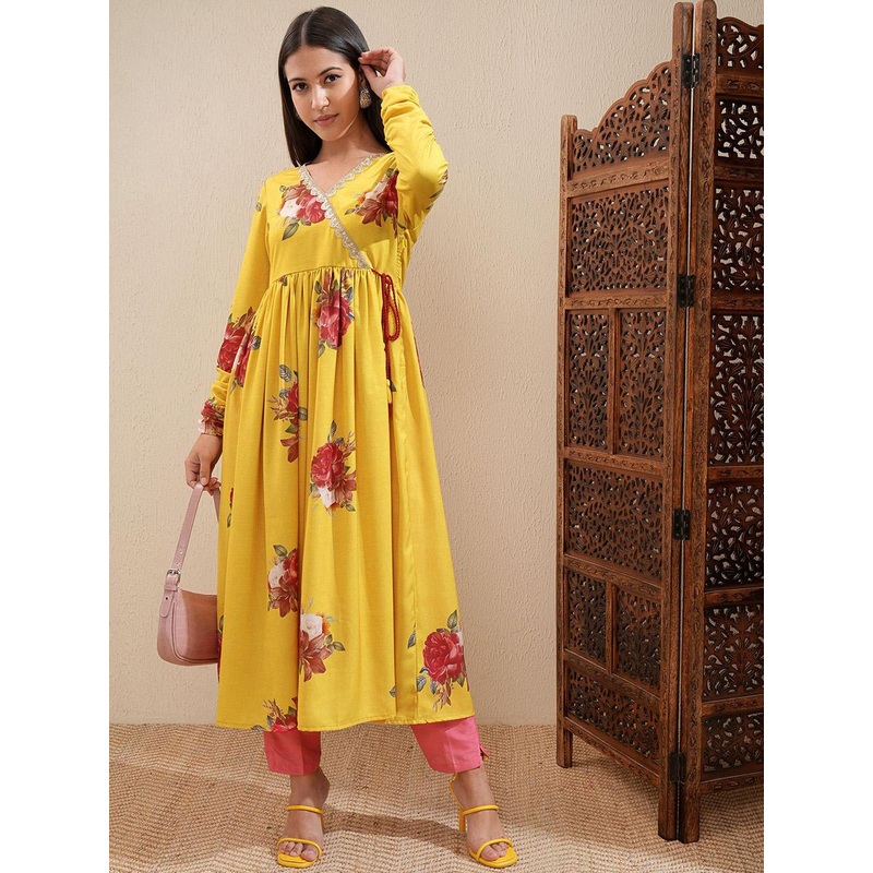 Vishudh Yellow Floral Printed V-Neck Angrakha Gotta Patti Gathered Anarkali Kurta