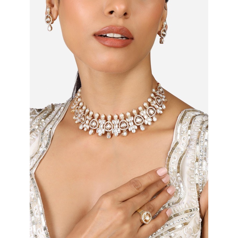 Zaveri Pearls Gold Plated Kundan-Studded Necklace And Earrings With Finger Ring