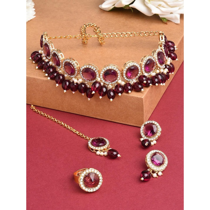 Zaveri Pearls Gold-Plated Maroon & White Stone Studded & Pearls Beaded Jewellery Set