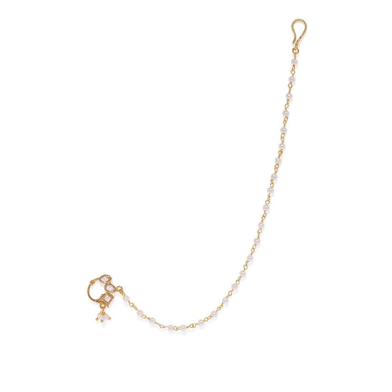 AccessHer Gold Plated White Kundan Studded Chained Nose Ring