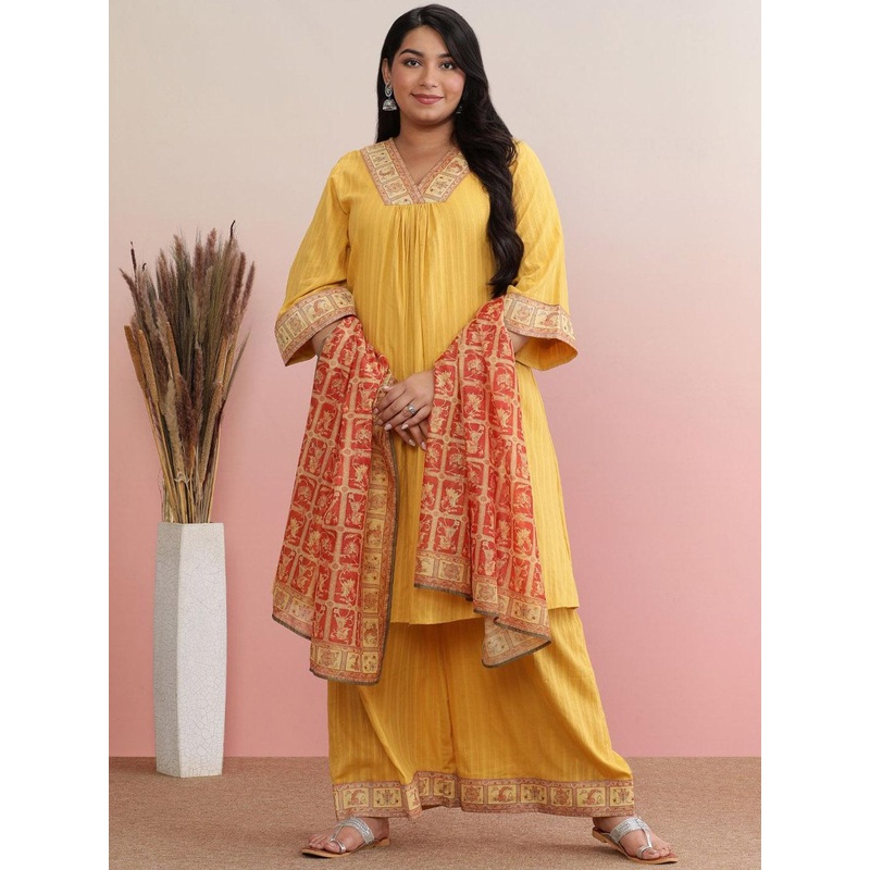 anayna Plus Size Striped V Neck Pure Cotton A-Line Kurta With Trousers & Dupatta
