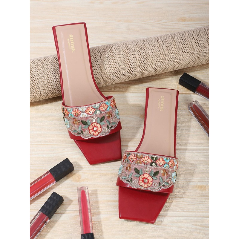 Anouk Red & Green Ethnic Embroidered Open Toe Flats