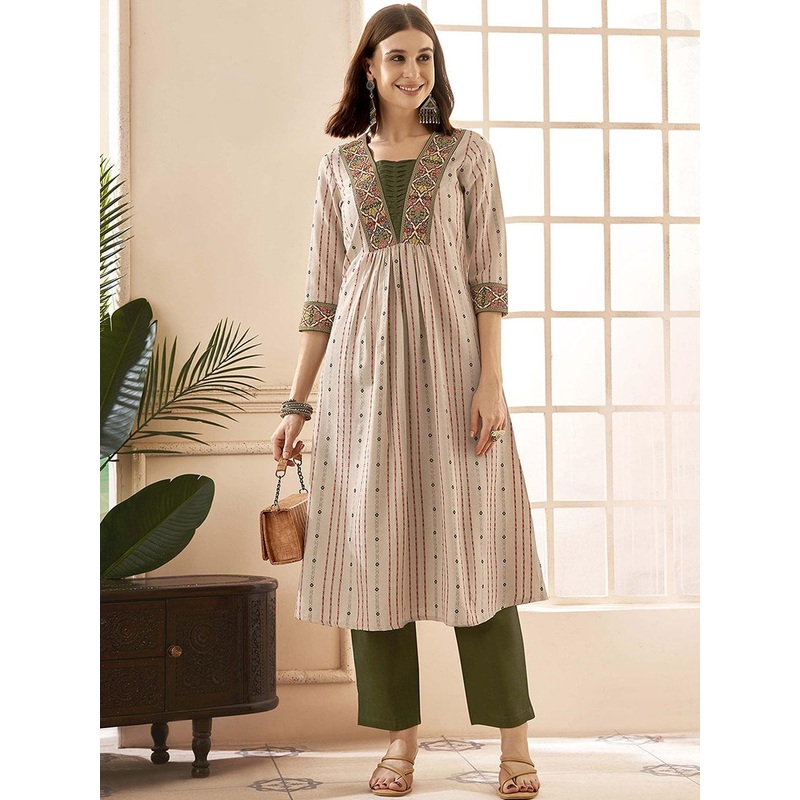 Anouk Rustic Ethnic Motifs Woven Design Pleated A-Line Kurta with Trouser