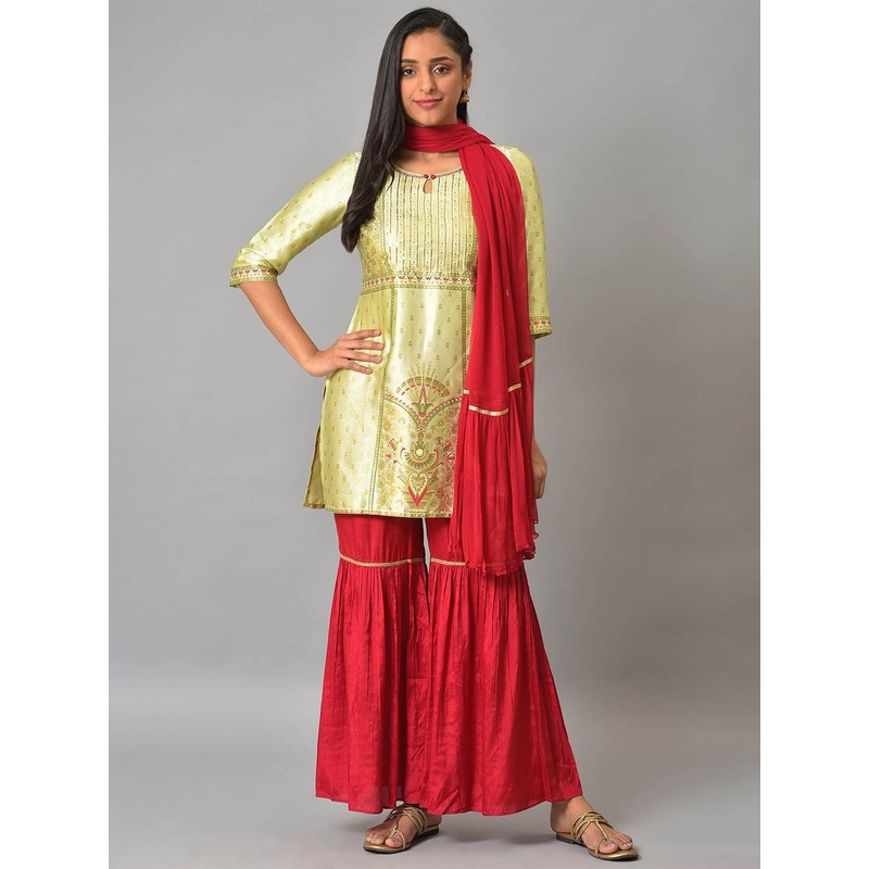 AURELIA Ethnic Motifs Embroidered Sequined Kurta with Sharara & Dupatta