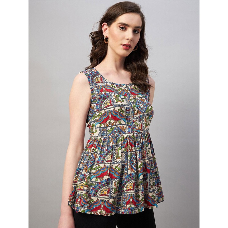 Azira Green Floral Print Empire Ethnic Top