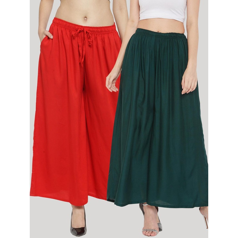 Clora Creation Women Red & Green Set Of 2 Flared Ethnic Palazzos