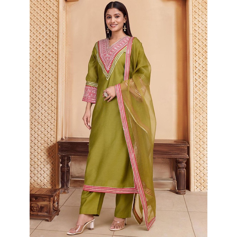 House of Pataudi Floral Embroidered Straight Kurta With Trouser & Dupatta