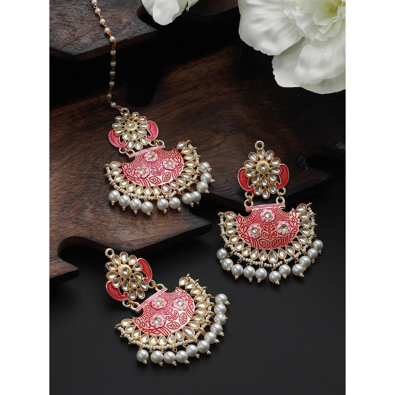 Jazz and Sizzle Gold-Plated Meenakari Kundan-Studded & Beaded Maangtikka with Earrings