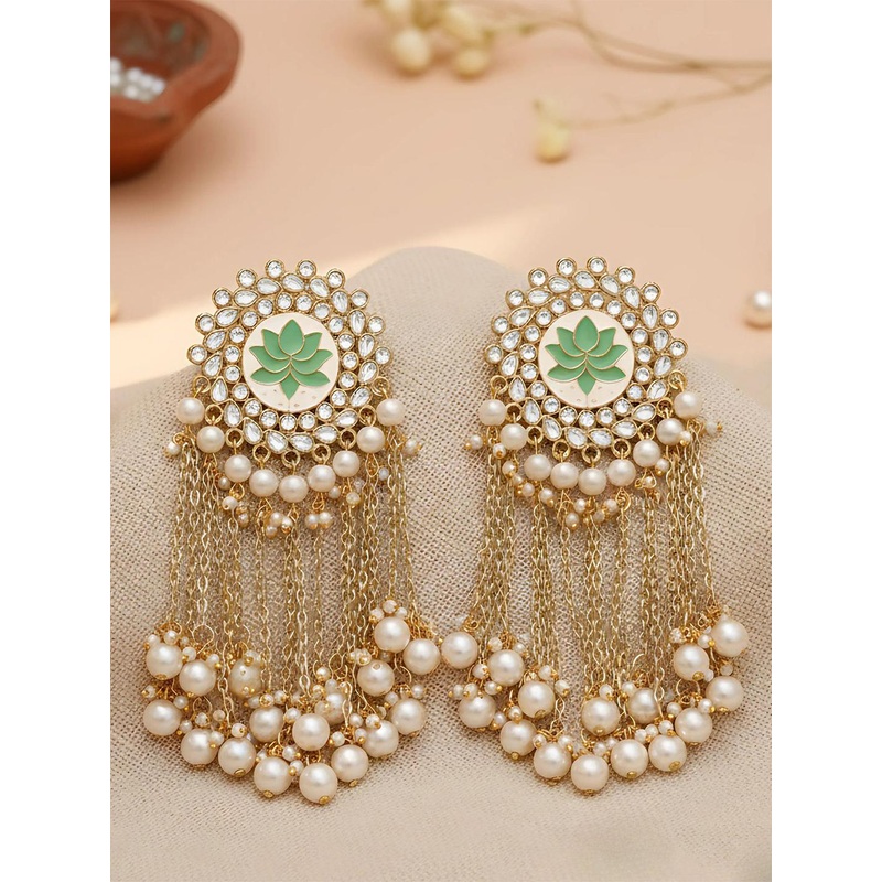 KARATCART Gold-Plated Lime Green & White Classic Kundan Drop Earrings