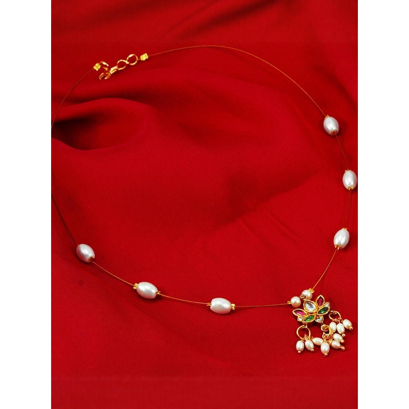 Panachee White & Gold-Toned Stone Studded Beaded Lotus Necklace