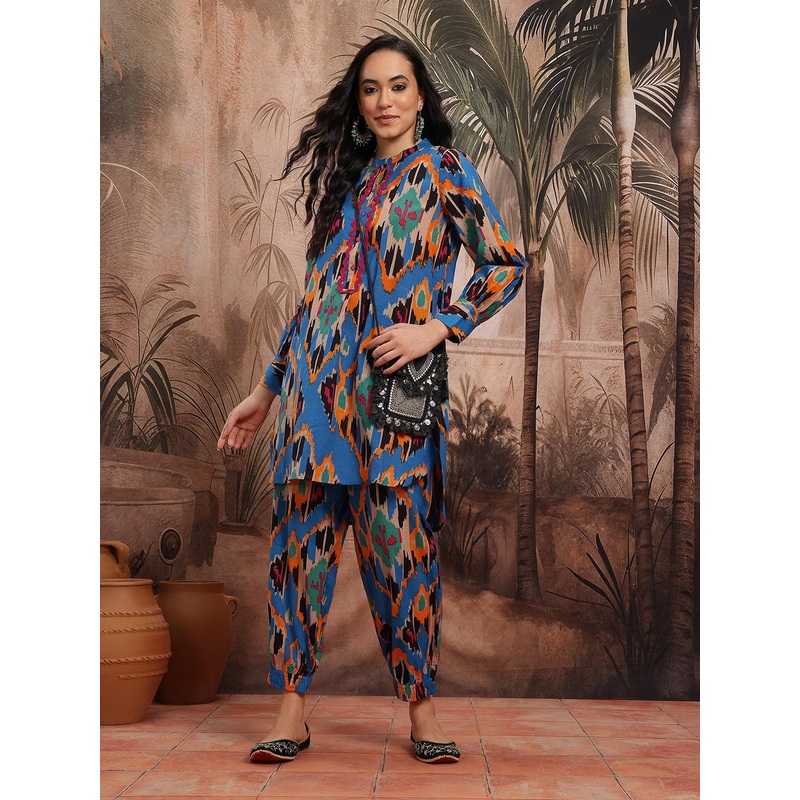 Sangria Abstract Print High Low Cotton Kurta with Salwar