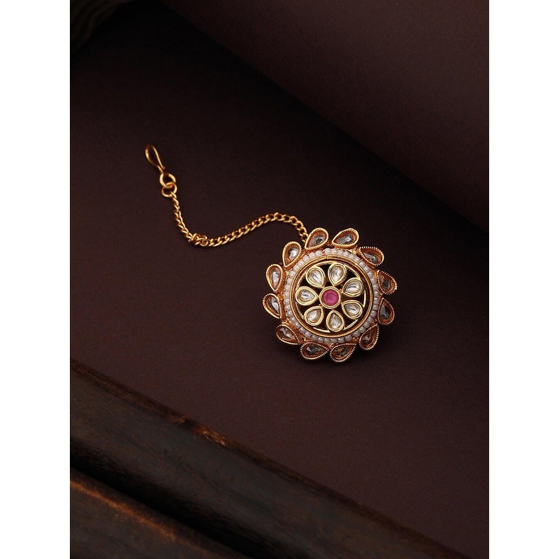 Saraf RS Jewellery Gold Plated Kundan-Studded & Beaded Borla Maangtikka