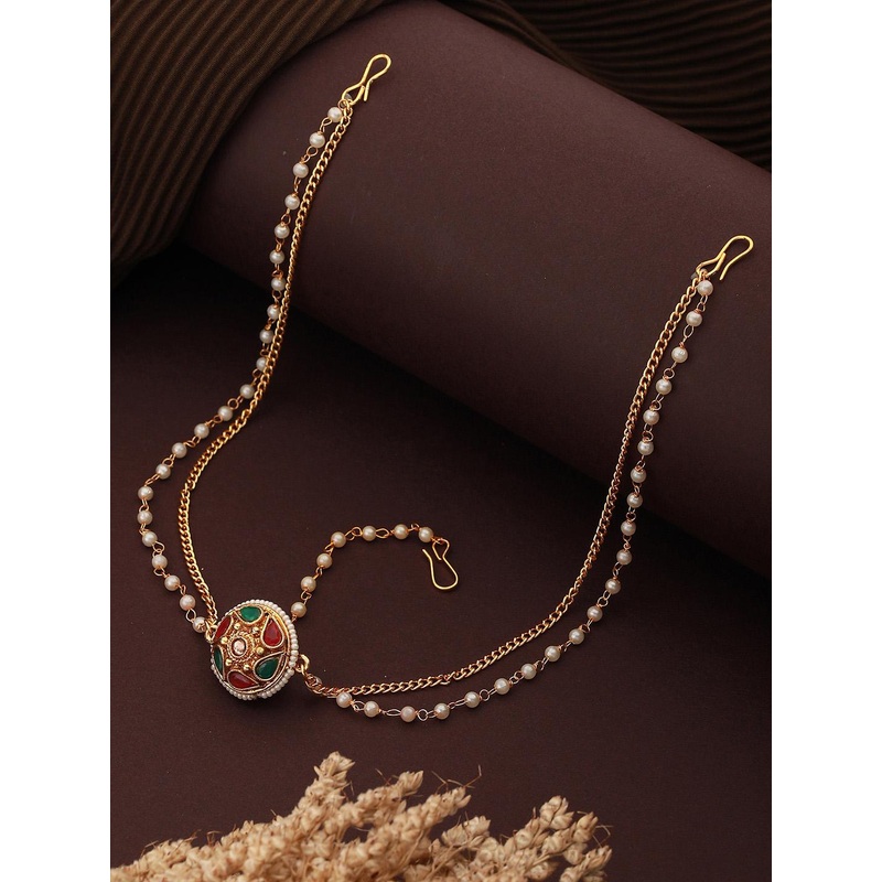 Saraf RS Jewellery Gold-Plated Stone-Studded & Pearl-Beaded Mathapatti