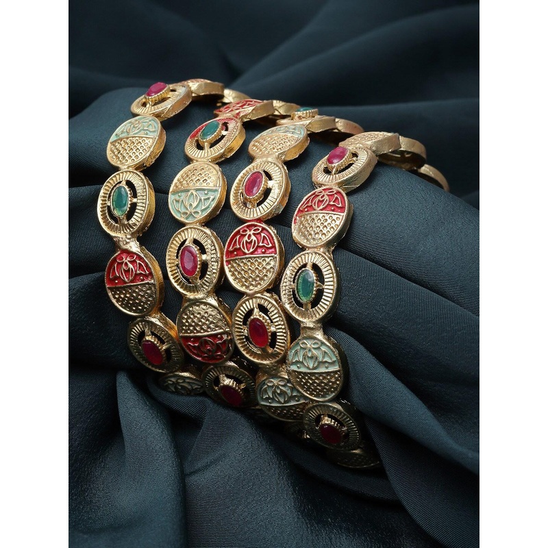 Sukkhi Set Of 4 Gold-Plated American Diamond-Studded & Beaded Bangle