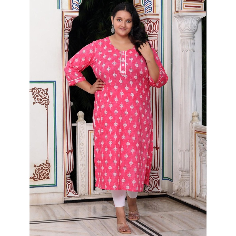 Swasti Plus Size Floral Printed Round Neck Pure Cotton Straight Kurta
