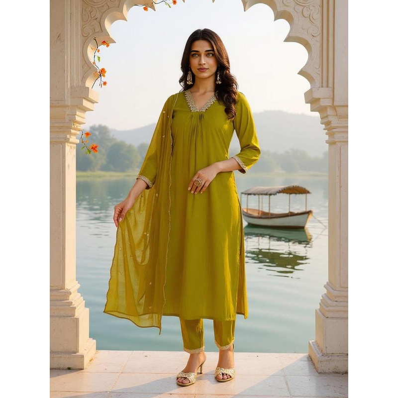 SZN Women Sequinned Detail Pleated Kurta With Trousers & Dupatta