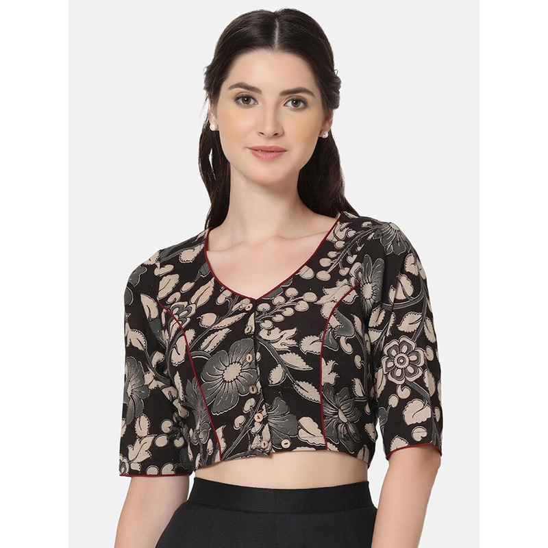 THE WEAVE TRAVELLER Kalamkari Printed Non Padded Cotton Saree Blouse