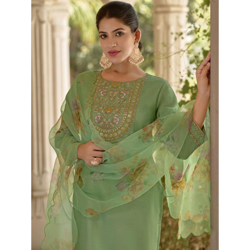 VredeVogel Ethnic Motifs Yoke Design Beads & Stones Straight Kurta With Trousers & Dupatta