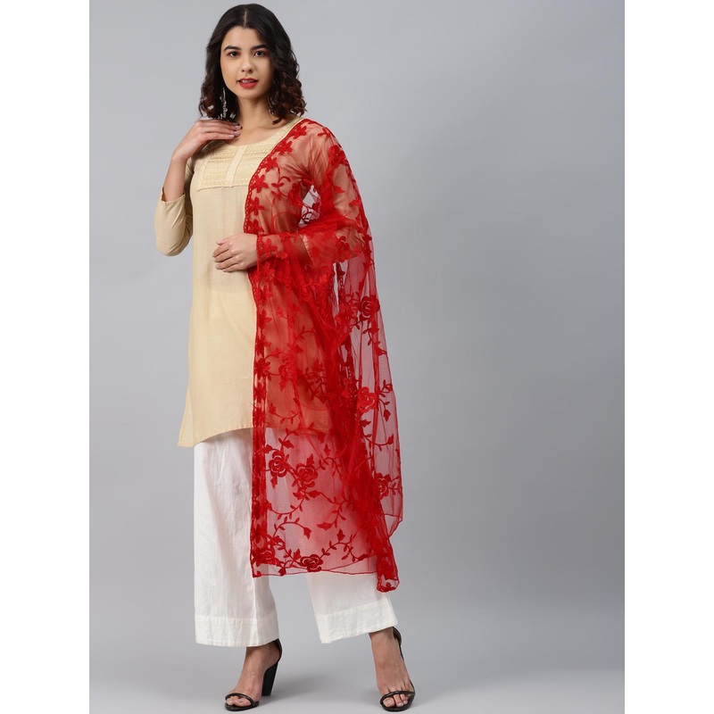 WEAVERS VILLA Red Embroidered Dupatta