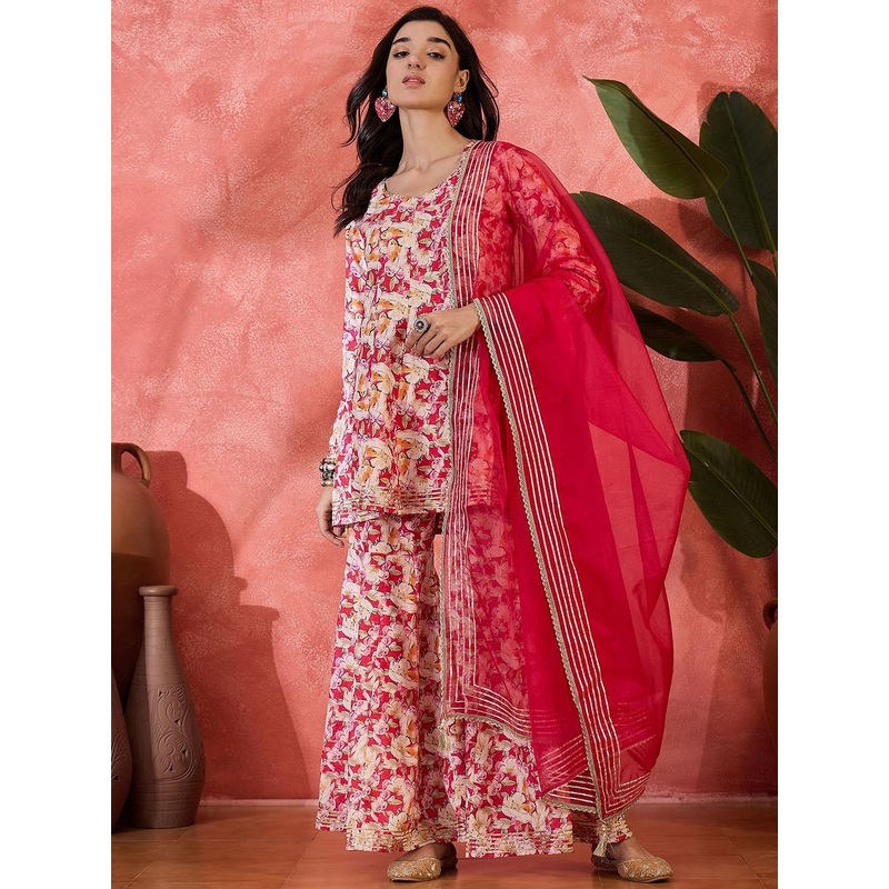 Women Floral Printed A-Line Kurta with Sharara & Dupatta