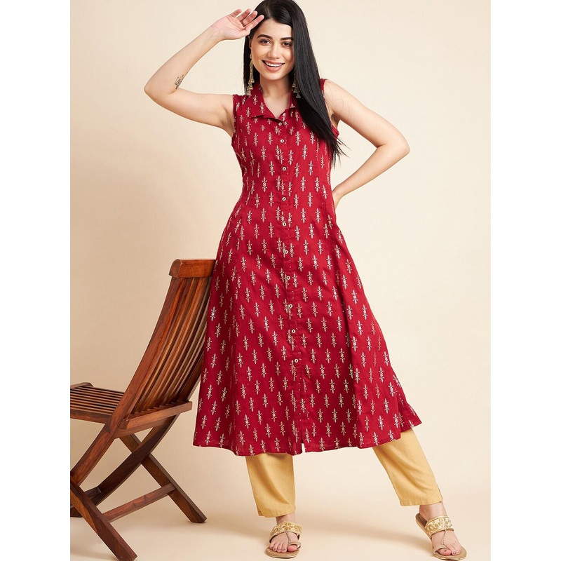 all about you Floral Printed Sleeveless Cotton A-Line Kurta