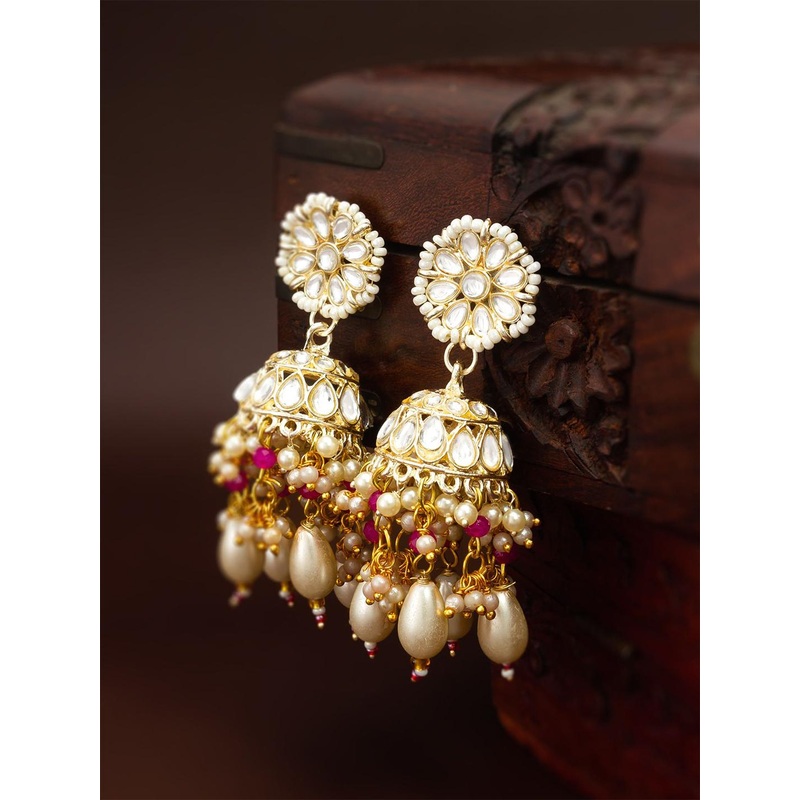 Anouk Gold Plated Kundan Stones Studded & Beaded Dome Shaped Jhumkas