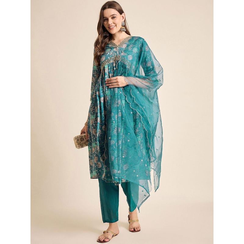 Anouk Rustic Floral Printed Empire Sequinned A-Line Kurta With Trousers & Dupatta