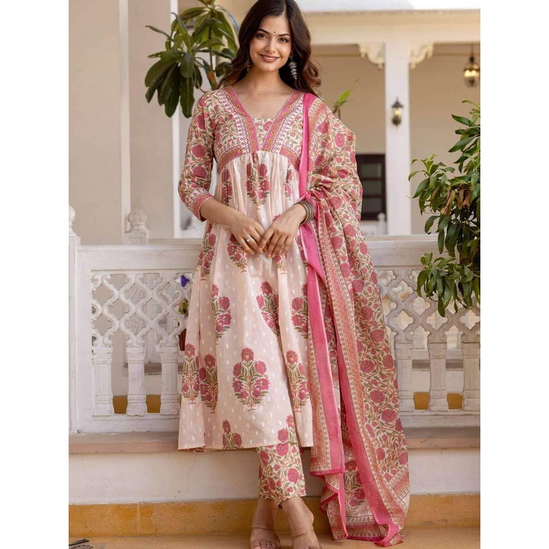 DIVASTRI Women Ethnic Motifs Printed Regular Pure Cotton Kurta Set With Dupatta