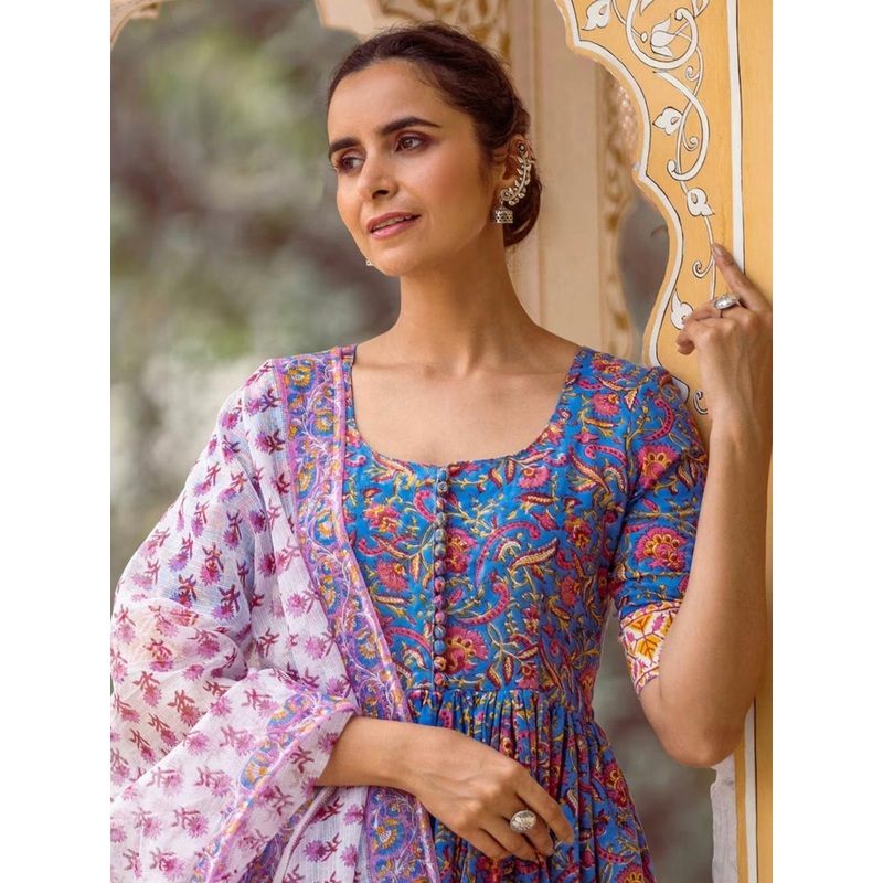 GoSriKi Floral Printed Anarkali Kurta With Trouser And Dupatta