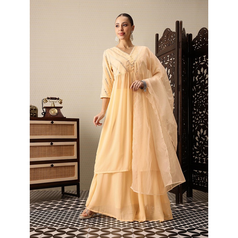 House of Pataudi Embroidered Mirror Work A-line Jashn Kurta with Skirt & With Dupatta