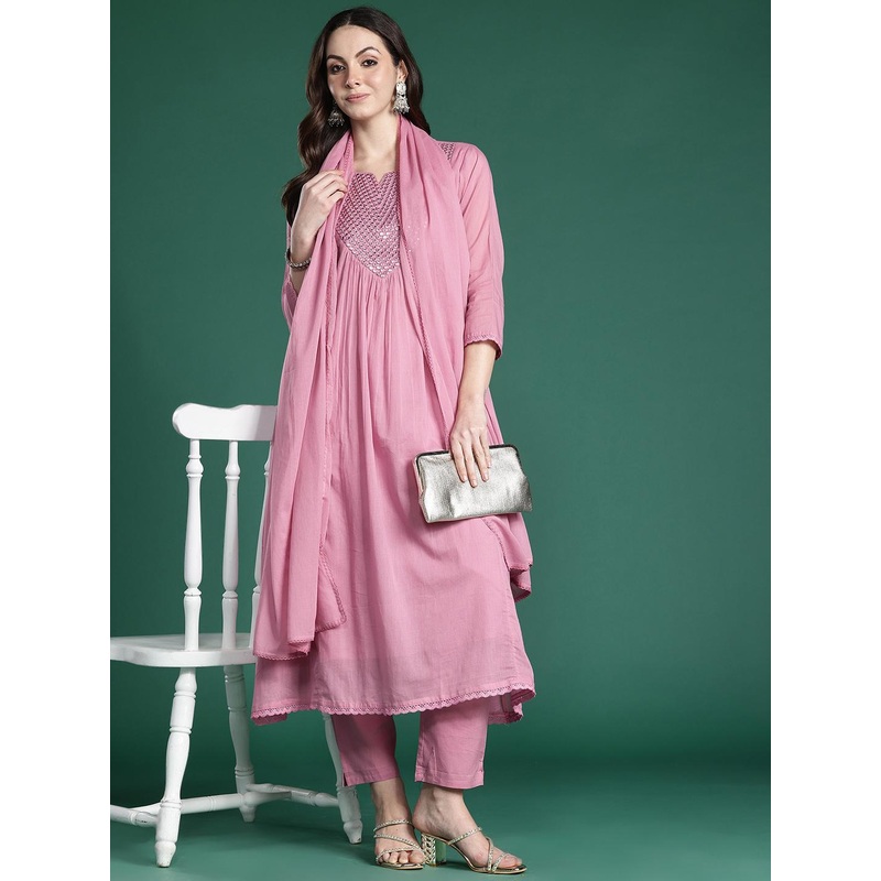 Indo Era Embroidered Pure Cotton Kurta with Trousers & Dupatta