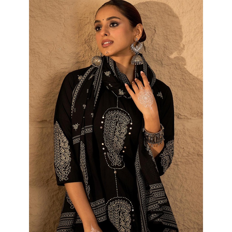 Indo Era Women Printed Pure Cotton Kurta with Trousers & Dupatta