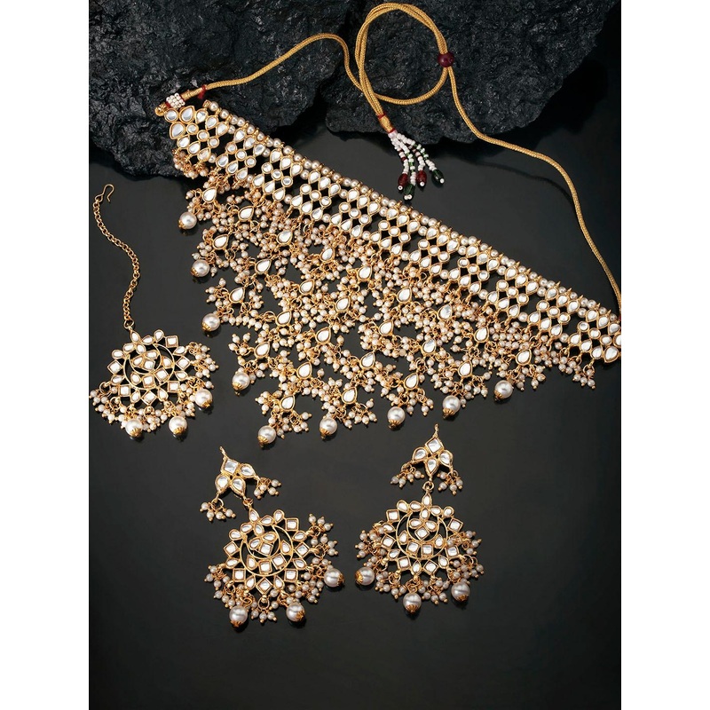 Peora Gold Plated Traditional Kundan Choker Necklace Set with Earrings & Maang Tikka