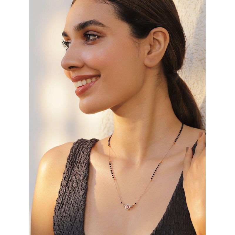Rubans 18K Rose Gold-Plated Pink AD & Cubic Zirconia Studded Black Beaded Mangalsutra