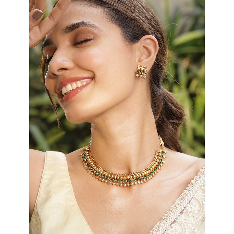 Rubans 22K Gold-Plated Emerald Green Stone Studded Golden Beaded Traditional Necklace Set