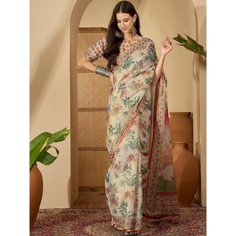 Sangria Beige Pure Linen Printed Sarees