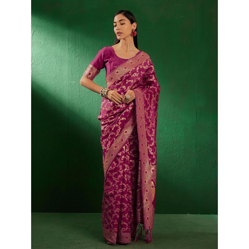 Sangria Burgundy Ethnic Motifs Woven Design Zari Banarasi Saree