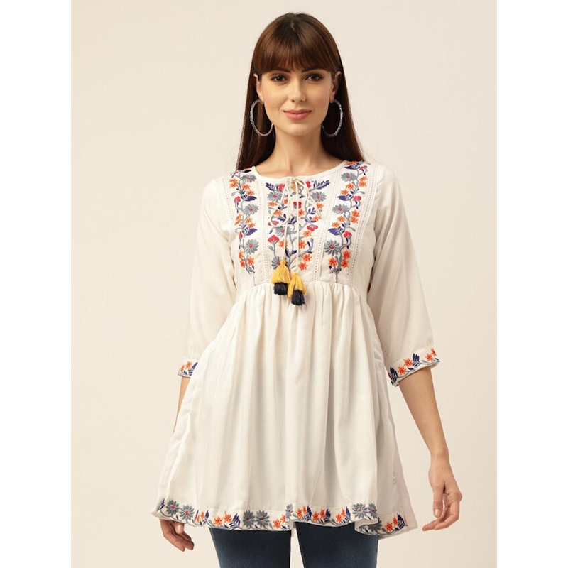 Sangria Women White Floral Embroidered Thread Work Pure Cotton Thread Work Pleated Short Kurti