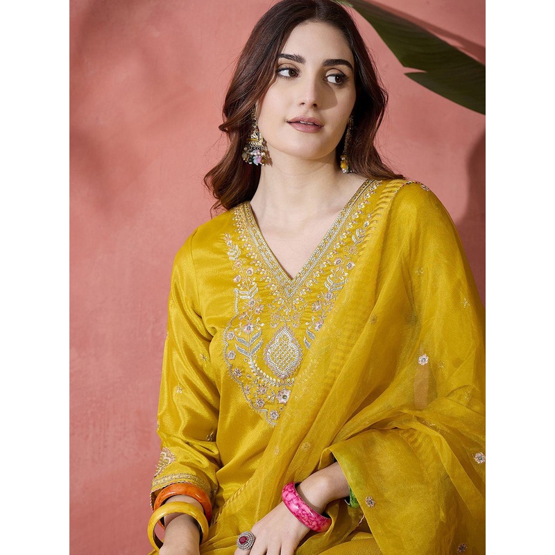 Sangria Yellow Floral Embroidered V-Neck Sequinned Straight Kurta With Trouser And Dupatta