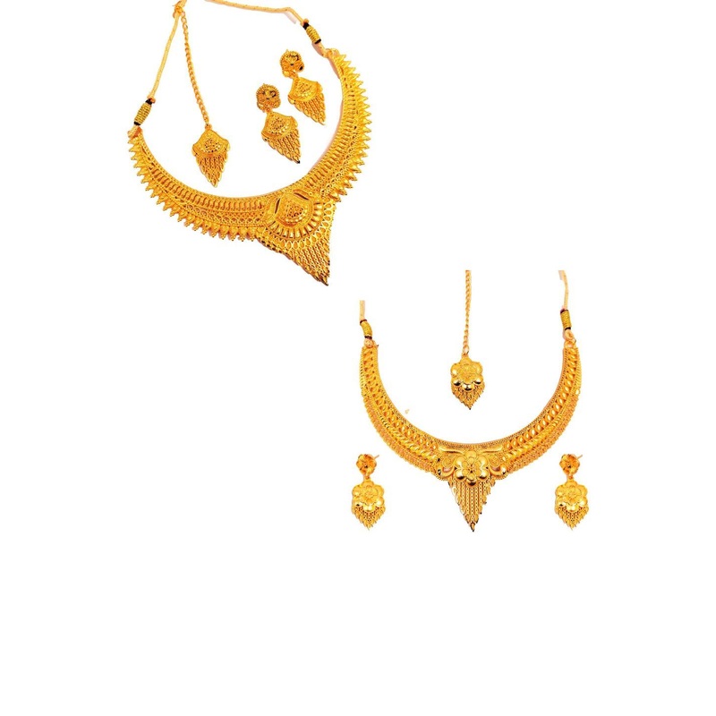 SDR 2 Set Gold Plated Necklace Earrings Maangtika Jewellery set