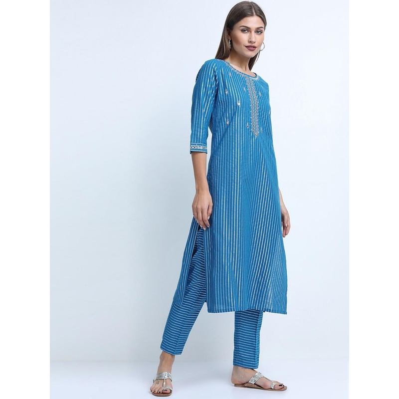 Vishudh Women Blue Striped Thread Work Pure Cotton Kurta with Trousers