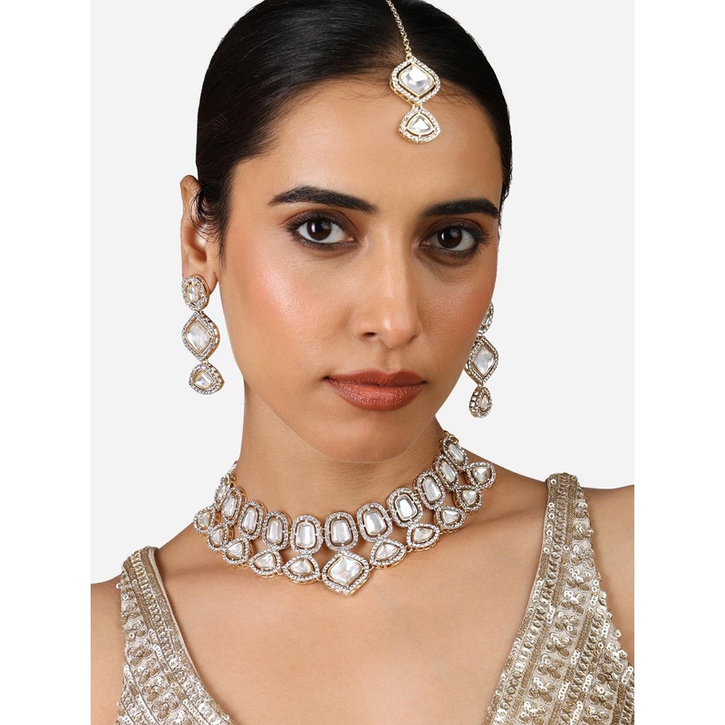 Zaveri Pearls Gold-Plated Austrian Diamond-Studded Necklace And Earrings With Maang Tika