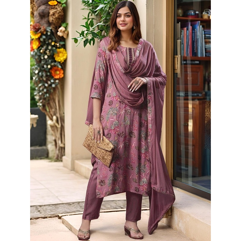 Aaghnya Women Printed Viscose Rayon Kurta Sets With Dupatta