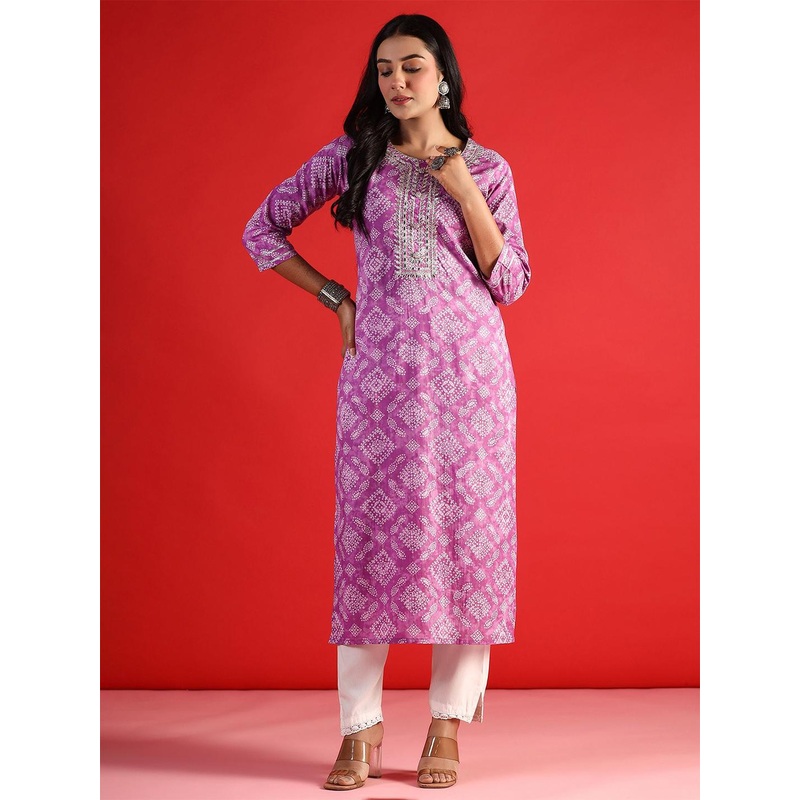 Anouk Bandhani Printed Round Neck Gotta Patti Pure Cotton Straight Kurta