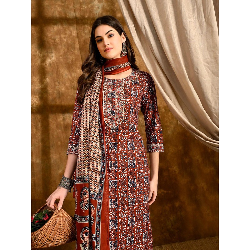Anouk Women Printed Regular Thread Work Pure Cotton Kurta with Trousers & With Dupatta